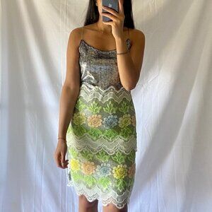 Floral Lace Mini Dress - Silver and Multicolor